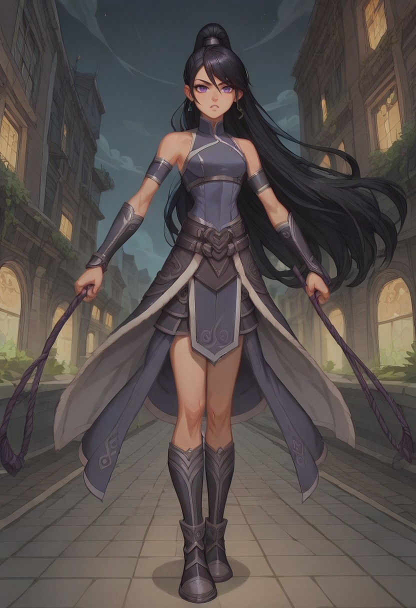 score_9, score_8_up, score_7_up, absurdres, intricate details, masterpiece, best quality, expressiveh, source_anime, screencap, high quality cg, 8k, best quality,

1girl, female focus, solo,

(Petite, hourglass figure,)

(Jin, black hair, very long hair, ponytail, purple eyes, metalbending outfit, metal gauntlets, metal boots,)

Outdoors, (neon city scape, night time), dynamic angle, dim lighting, dynamic pose,

(Fighting pose, dynamic pose, dynamic fighting pose, metal whip from wrist, speech bubble that reads "who wants mommy's belt)