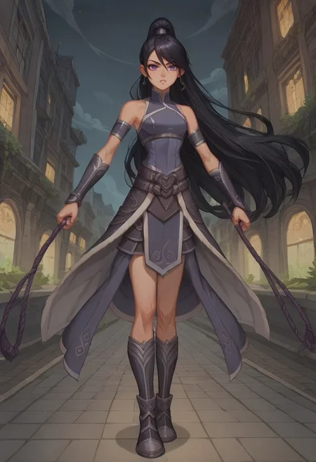 score_9, score_8_up, score_7_up, absurdres, intricate details, masterpiece, best quality, expressiveh, source_anime, screencap, high quality cg, 8k, best quality,
1girl, female focus, solo,
(Petite, hourglass figure,)
(Jin, black hair, very long hair, ponytail, purple eyes, metalbending outfit, metal gauntlets, metal boots,)
Outdoors, (neon city scape, night time), dynamic angle, dim lighting, dynamic pose,
(Fighting pose, dynamic pose, dynamic fighting pose, metal whip from wrist, speech bubble that reads "who wants mommy's belt)