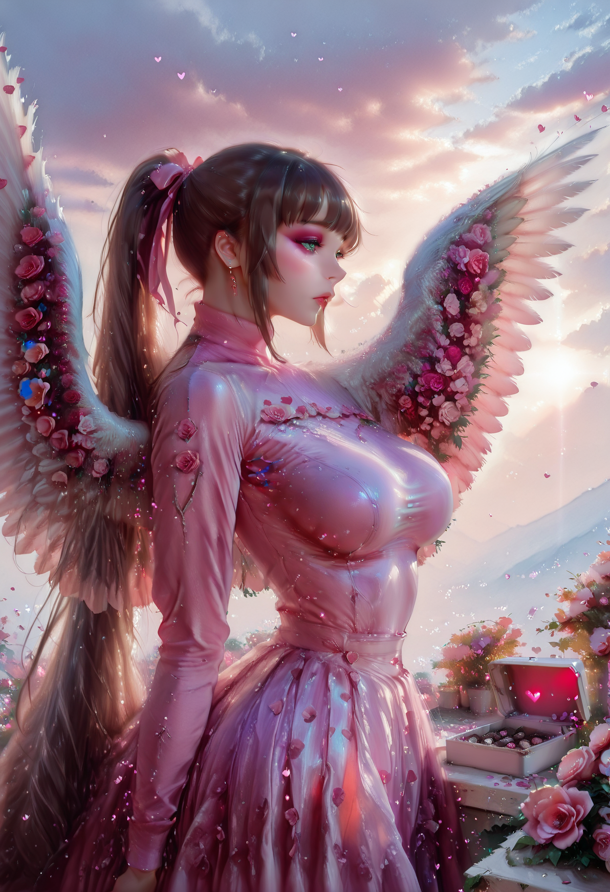 masterpiece, best quality, amazing quality, very aesthetic, absurdres, newest, (scenery, volumetric lighting),depth of field, 1girl,solo,sfw,((side view:1.1),(from the side:1.1),,Cowboy Shot) ,rr makeup, portrait, lipstick, eyeliner,kirasaka sayaka, strike the blood, 1girl, green eyes, brown hair, long hair, very long hair, ponytail, high ponytail, hair ribbon,, 1girl,  blush, long sleeve, turtleneck, rf gown, pink flower, pink dress, flower, angel wings,, flower, roses, hearts, cherry blossom petals,box of chocolates,medium breasts, medium and teardrop shaped breasts,(covered breasts:1.3),curvy,skindentation,hand_on_own_arm, romantic, in love, many flower garden field, sky, incoming clouds,sunbeam, cold,solo focus, unsr,,(shiny skin:0.7),(sakimichan:0.8,wlop:0.5),masterpiece, best quality, amazing quality, very aesthetic, absurdres, newest, (scenery, volumetric lighting),depth of field,gobo lighting,yao krr,  <lora:memento mori:0.6> <lora:MoriiMee_Gothic_Niji_Style_Illustrious_r1:0.8> artist:moriimee <lora:ral-vltne:1> ral-vltne <lora:TQ_-_Rustic_Wooden_Valentines_Day_Backdrops:1>  <lora:GOBOLightingILL:1> gobo lighting, shadows <lora:romanticredeyeshadowILL:0.8>  <lora:RealflowergownILL:1>