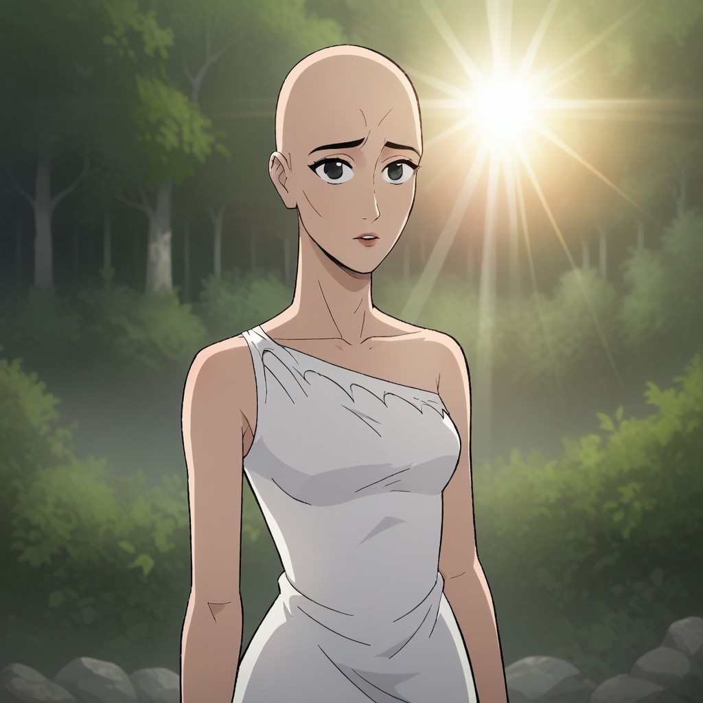 score_9, score_8, score_9, BREAK, solo, mira, bald, black eyes, dress, outdoors, sunlight, natural lighting