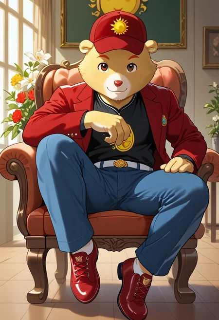 male, Funshine Bear, furry, yellow fur, sun belly badge, red baseball cap, brown eyes, sitting on a decorative chair, one leg crossed, resting hands on chair back, (elegant:1.3), floral accessories, cheerful expression, bright lighting, indoor setting, stylish, red jacket, black shirt behind, blue pants, red deportive shoes, flower on hand, looking at viewer, romantic, teenager