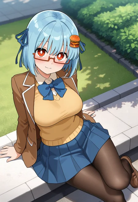 hamburger-chan_(hundredburger), food-themed hair ornament, blue hair ribbon, red eyes, blue hair, short hair, bangs, white pupils, glasses, semi-rimless eyewear, under-rim eyewear, red-framed eyewear, breasts,rectangular eyewear,
blue bowtie, school uniform, brown jacket, yellow sweater, blue pleated skirt, pantyhose, loafers,
<lora:hamburger-chan_(hundredburger)_Illustrious-XL_2.0_v1:1>, masterpiece,best quality,amazing quality, solo,1girl,, sitting, (dynamic_pose),
blush,closed mouth,light smile,
looking at viewer,cowboy shot,
(outdoors, )