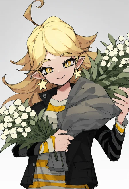 1girl, solo, bouquet, blonde hair, holding, star \(symbol\), yellow eyes, smile, flower, white background, earrings, holding bouquet, jewelry, striped clothes, striped shirt, star earrings, simple background, shirt, jacket, long sleeves, pointy ears, closed mouth, ahoge, black jacket, long hair, looking at viewer, bright pupils, upper body, white pupils, open clothes, open jacket
,masterpiece,best quality,very aesthetic,absurdres,
<lora:åºæ°´fornoob:0.95>
