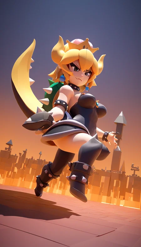 low-poly style Cinematic scene, hero view, Bowsette <lora:bowsette_xl_v1:1>, tail, action pose, detailed background, masterpiece, best quality, high quality, absurdres . low-poly game art, polygon mesh, jagged, blocky, wireframe edges, centered composition