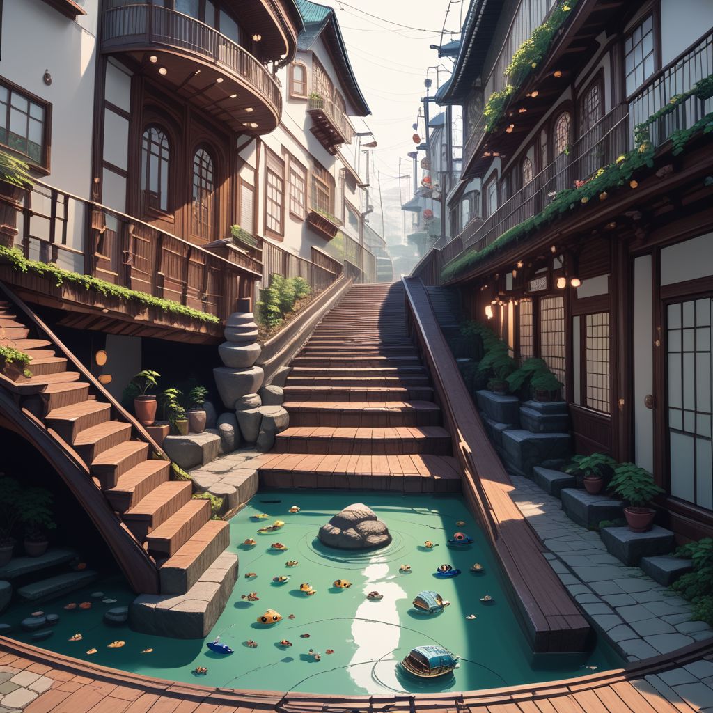 isklzks, an isometric diorama of a miniature aquarium encased corridor with stairs scene, extreme light and shadow, octane render, no humans, isometric view, diorama, isometric, miniature, score_9, score_8_up, score_7_up, score_6_up