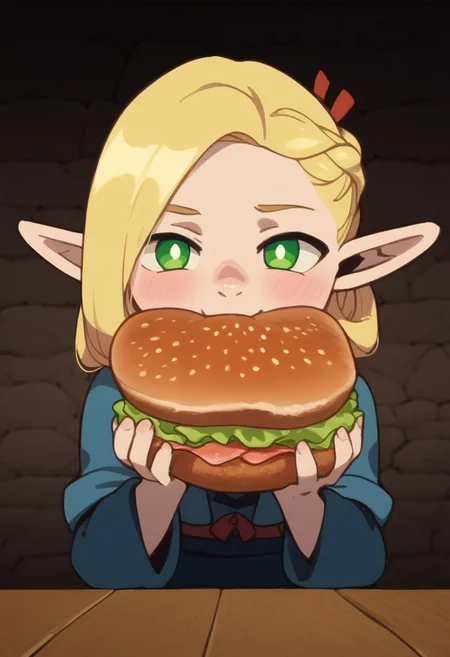 score_9, score_8_up, score_7_up, score_6_up, score_5_up, score_4_up, masterpiece, perfect face, perfect eyes, 4ng3l face, sexy girl, 1girl, ((bluemake)), chibi, short chibi, very short chibi, marcille donato, long hair, blonde hair, green eyes, braid, pointy ears, long hair, elf, bright pupils, parted bangs, ((solo)), blushing, eating sandwich, sitting, choker, robe, red choker, dungeon background