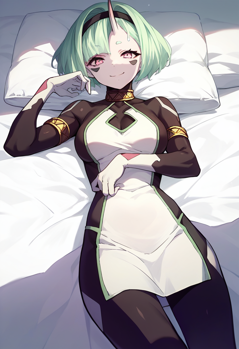 score_9, score_8_up, score_7_up, source_anime, Koko Zenibako, black skin color, 1girl, solo, horns, short hair, dress, looking at viewer, breasts, black hairband, hairband, facial mark, green hair, pink eyes, colored skin , smile, white dress, white bed, lying<lora:Koko Zenibako pony:1>
