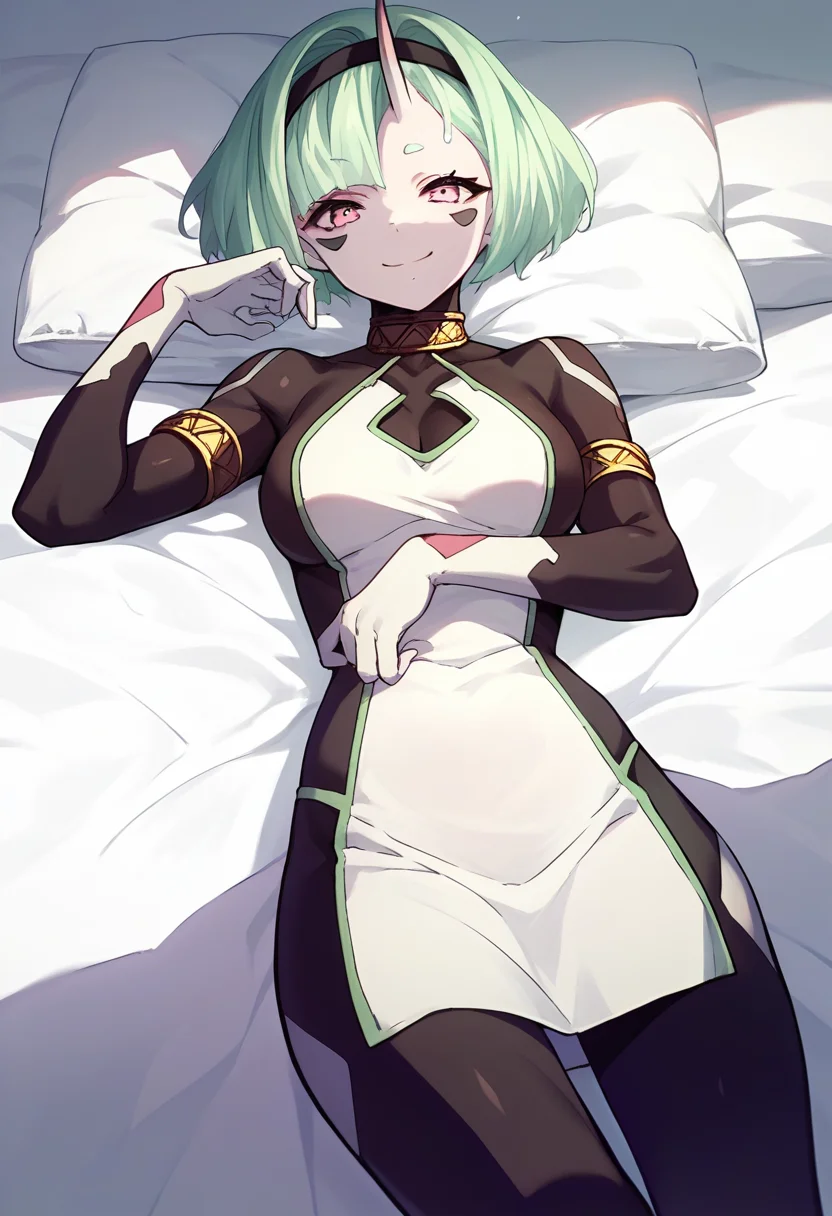 score_9, score_8_up, score_7_up, source_anime, Koko Zenibako, black skin color, 1girl, solo, horns, short hair, dress, looking at viewer, breasts, black hairband, hairband, facial mark, green hair, pink eyes, colored skin , smile, white dress, white bed, lying<lora:Koko Zenibako pony:1>