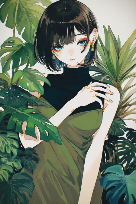 masterpiece, best quality, amazing quality, high resolution, very aesthetic, absurdres, detailed background,  <lora:illustriousXL_stabilizer_v1.23:0.3>,(watanabe tomari:0.85),  realistic, creative angle, (cogecha:0.6),
Elegant young woman with short dark bob haircut and soft pale skin, wearing a textured green high-neck dress, framed by large Monstera deliciosa leaves, lively plants, leaves covers her half body, leaves in front of her, Dreamy gaze, natural makeup, soft blush, full lips. Studio lighting, botanical portrait, fashion editorial style, highly detailed, muted tones, lush foliage