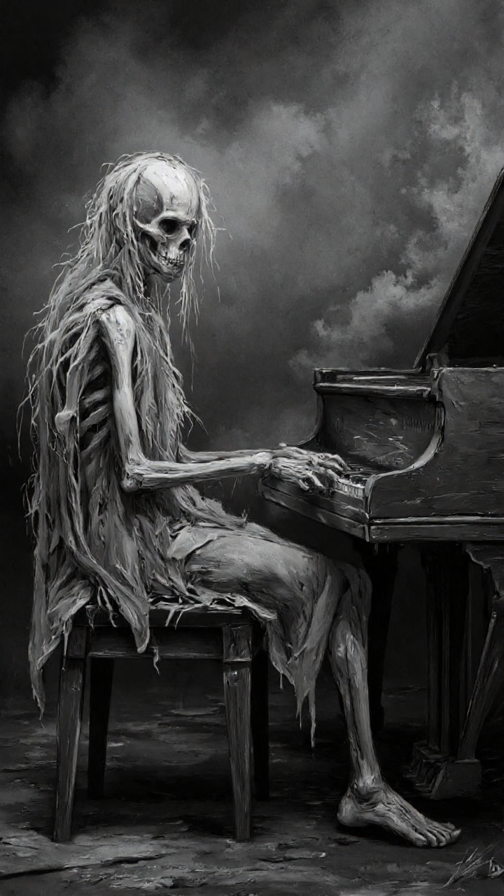 digital drawing in a dark, eerie style. The central figure is a skeletal, emaciated man with hollow, sunken eyes, and long, stringy hair that appears to be matted and unkempt. He is seated at an old, worn-out grand piano, playing the keys with a skeletal hand. The piano is dilapidated, with visible wear and tear, and its keys are slightly out of tune. The man's clothing is ragged and tattered, adding to the overall decrepit appearance. 
The background is a smoky, ethereal mist, which gives the scene a ghostly, dreamlike quality. The mist is rendered in shades of gray and black, blending seamlessly into the dark, shadowy atmosphere. The floor beneath the man is also visible, covered in a dark, uneven surface that suggests it might be dirt or debris. 
The image has a haunting, melancholic tone, with a focus on the contrast between the man's frail, skeletal form and the grandeur of the piano. The overall composition and use of light and shadow create a sense of isolation and despair, making the viewer feel immersed in a dark, unsettling world.,aidmaimageupgrader, aidmaMJ6.1 <lora:aidmaMJ6.1-FLUX-v0.5:0.7> <lora:aidmaImageUprader-FLUX-v0.3:0.4>