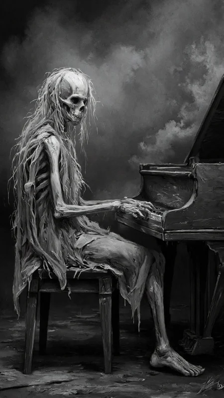 digital drawing in a dark, eerie style. The central figure is a skeletal, emaciated man with hollow, sunken eyes, and long, stringy hair that appears to be matted and unkempt. He is seated at an old, worn-out grand piano, playing the keys with a skeletal hand. The piano is dilapidated, with visible wear and tear, and its keys are slightly out of tune. The man's clothing is ragged and tattered, adding to the overall decrepit appearance.
The background is a smoky, ethereal mist, which gives the scene a ghostly, dreamlike quality. The mist is rendered in shades of gray and black, blending seamlessly into the dark, shadowy atmosphere. The floor beneath the man is also visible, covered in a dark, uneven surface that suggests it might be dirt or debris.
The image has a haunting, melancholic tone, with a focus on the contrast between the man's frail, skeletal form and the grandeur of the piano. The overall composition and use of light and shadow create a sense of isolation and despair, making the viewer feel immersed in a dark, unsettling world.,aidmaimageupgrader, aidmaMJ6.1 <lora:aidmaMJ6.1-FLUX-v0.5:0.7> <lora:aidmaImageUprader-FLUX-v0.3:0.4>
