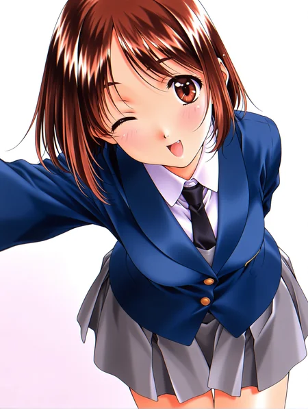 masterpiece,best quality,newest,
1girl,solo,
<lora:yamamoto_rurika_ilxl_v1.0>,y_ruruka,short hair,brown hair,brown eyes,r_clothes,blue jacket,long_sleeves,grey mini skirt,
<lora:Fixhands_anime_bdsqlsz_V1:1>,white_background,simple_background,looking_at_viewer,light_blush,upper_body,one eye closed,open mouth,:d,front view,