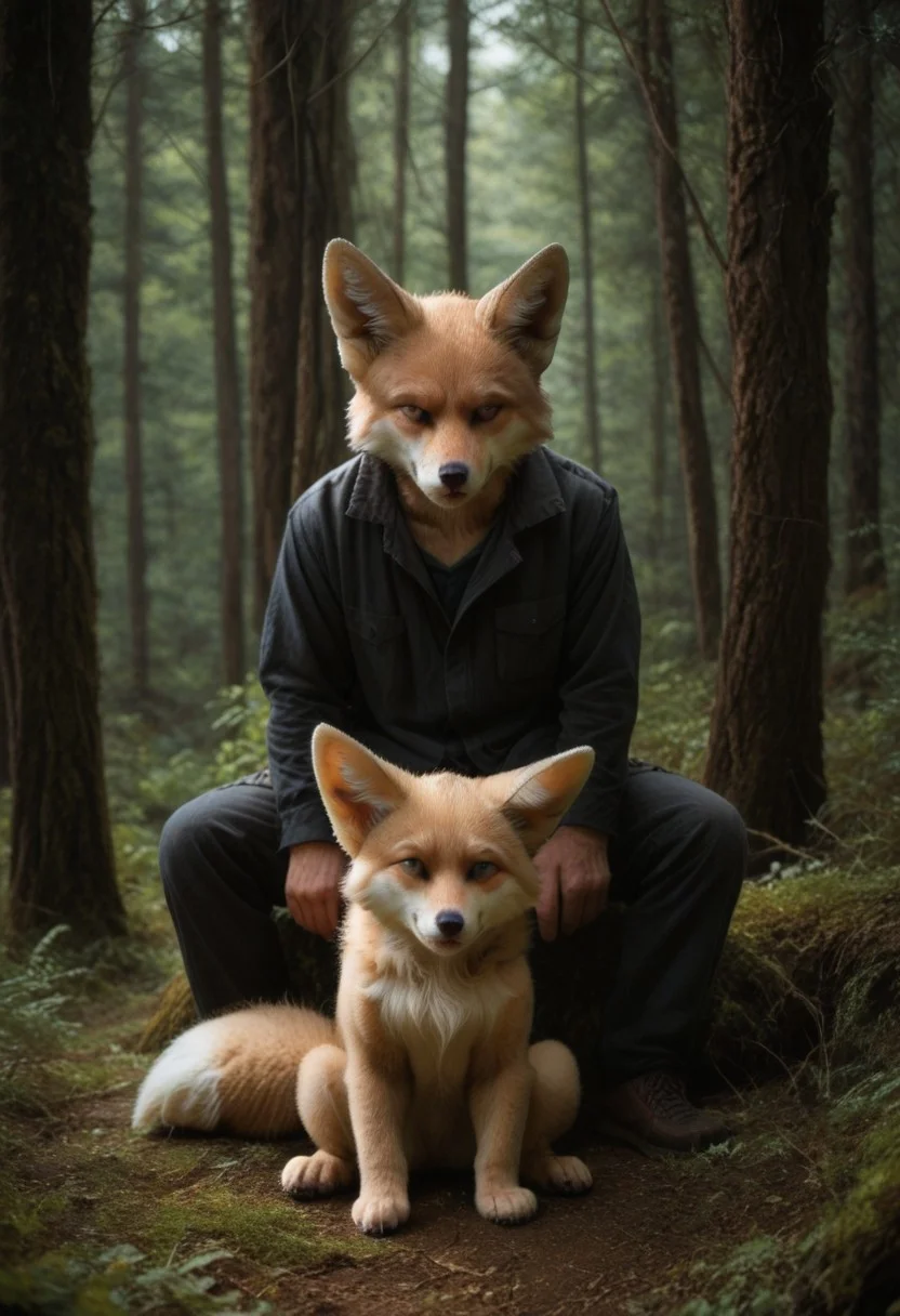 anthro, 1boy, fox, sitting, fallen tree, in a forest background, UHD, score_8_up, score_9