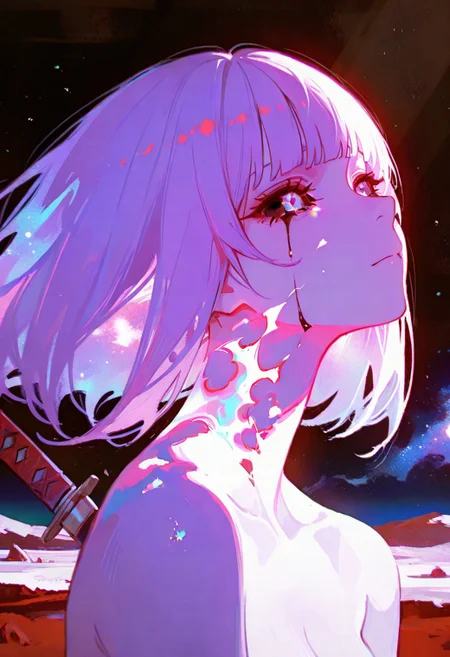 masterpiece,best quality, amazing quality, ((Mars background, on Mars, chromatic aberration, bright galaxy, raytrace)), ((Chiaroscuro Lighting Style, dramatic lighting, drastic contrast)), absurdres, Classical Chinese Brush and Ink, 1space spirit girl, whole body made of space flame, white purple flame body, burning body, black tears, sad face, hime cut, magenta hair, limited red palette, black sclera, black sclera eyes, spinning, dancing, katana piercing through her Sternum, katana penetrating her Sternum, Sternum stabbed by katana, 1katana, dynamic angles, ((face focus, close up))