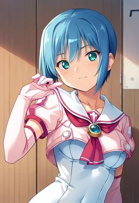 score_9, score_8_up, score_7_up, masterpiece, 1girl, source_anime, 1girl, ct_r1ka, aqua eyes, blue hair, short hair, medium breasts, pink capelet, short sleeves, pink sailor collar, red ascot, blue brooch, elbow gloves, white one-piece swimsuit, looking at viewer, indoors, wooden wall, upper body, hand up,  <lora:ManabeRika_Pony_ct-000008:0.8>