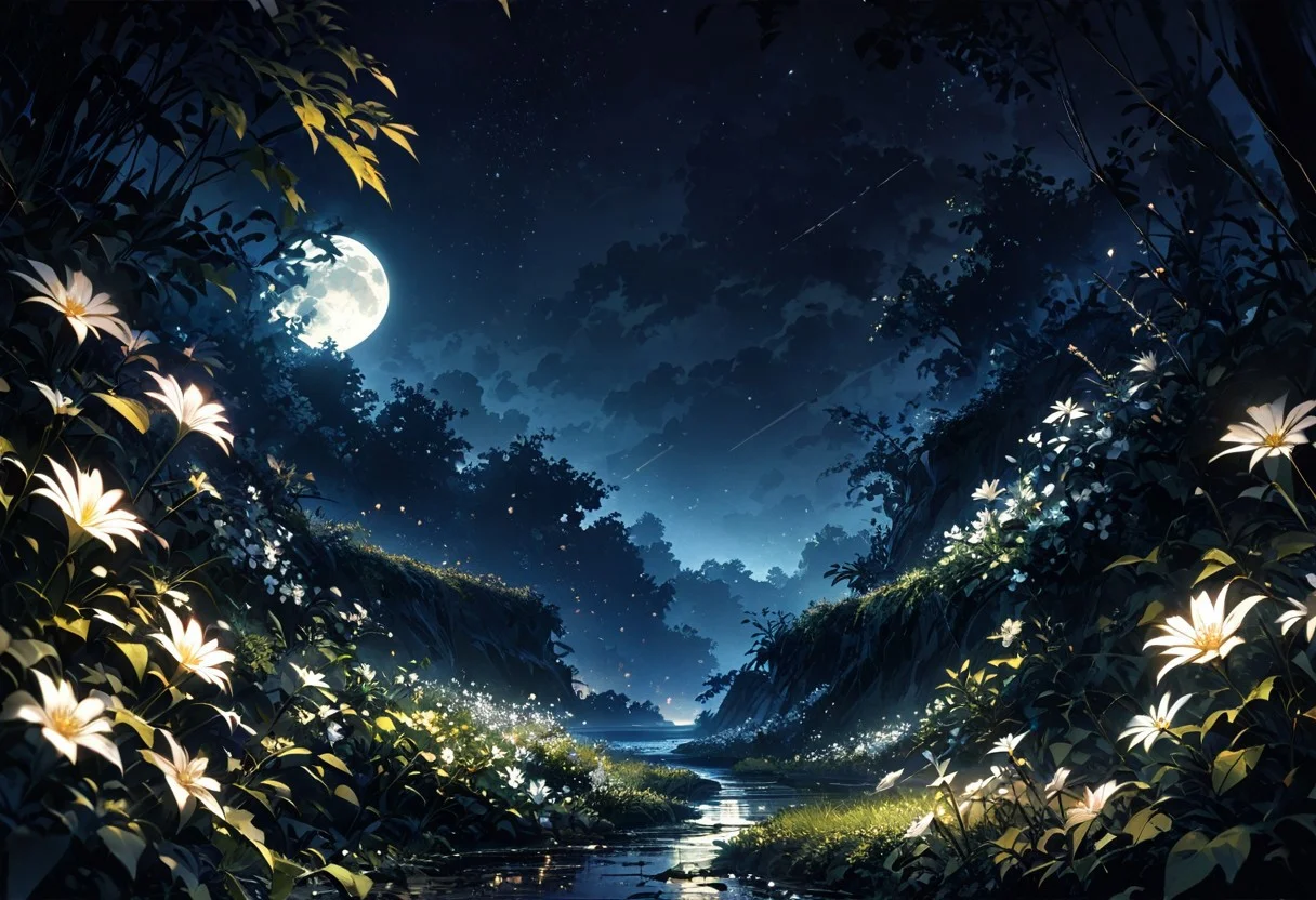 detailed background,( Calm spring night landscape), flower, outdoors, sky, no humans, night, leaf, moon, plant, white flower, scenery, crescent moon, depth of field, masterpiece, best quality, ultra-detailed, very aesthetic, illustration, perfect composition, intricate details, absurdres, moody lighting, wisps of light,