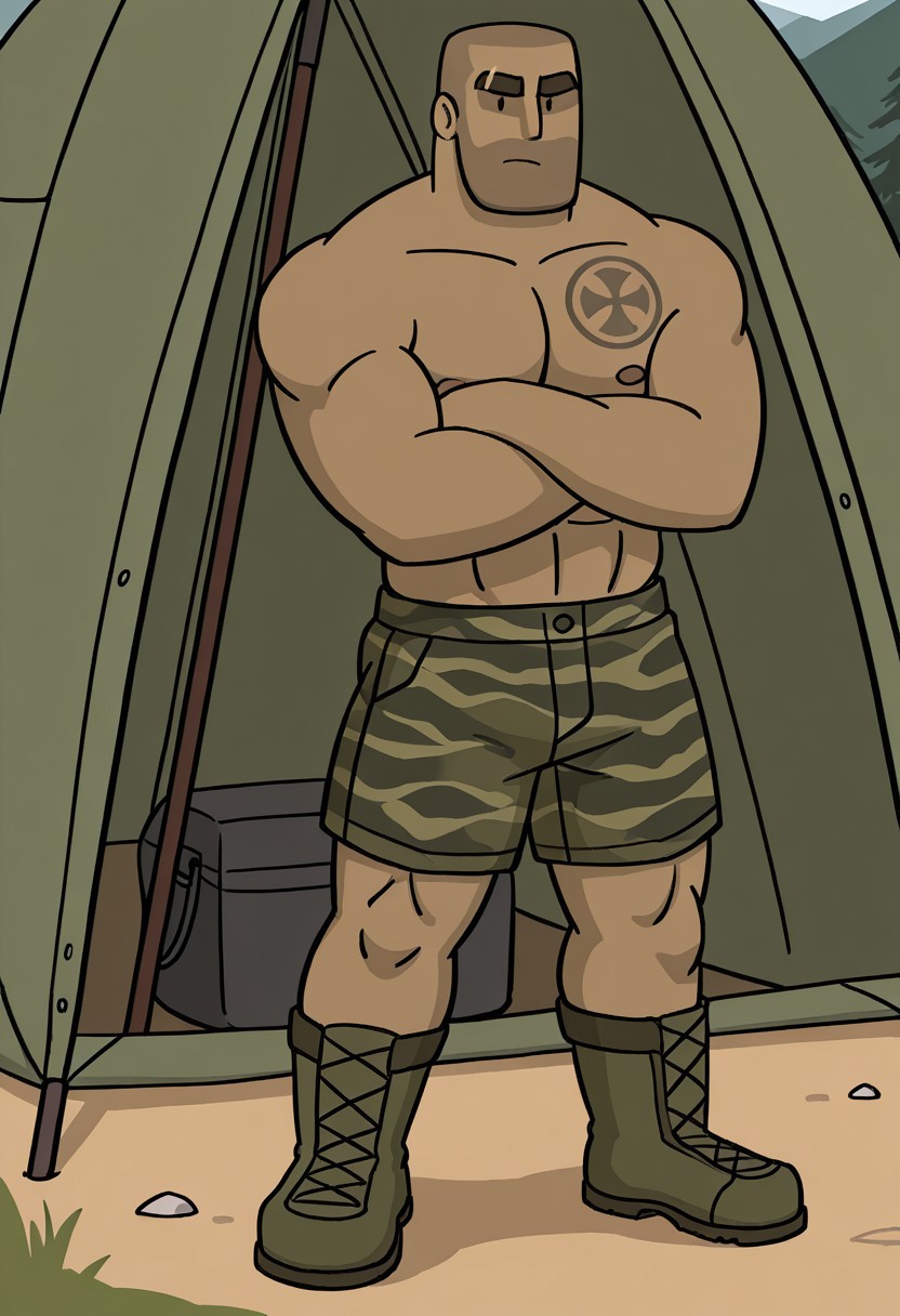 detailed background, detailed background, masterpiece, perfect quality, best quality, detailed, newest, very aesthetic, BetonRMA, bald, bara, solo, dark skin, 1boy, male focus, training camp background, tent pectorals, abs, muscular. black dot eyes, arms crossed, topless male, camo shorts, boots, frown, furrowed eyebrows, looking at viewer