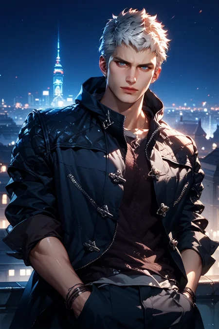 score_9, score_8_up, score_7_up, score_6_up
<lora:DMC5Nero:1.0>
DMC5Nero, 1boy, white hair, short hair, blue eyes, looking at viewer, On a high-rise rooftop, sharp black trench coat, city lights below, hands in pockets