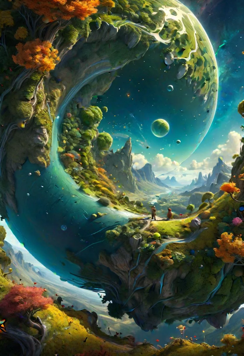 A stunning 8K digital painting depicting a small planet inspired by Antoine de Saint-Exupry's "The Little Prince," rendered with meticulous detail and vibrant colors. The fantastical landscape is dotted with lush forests, winding rivers, and majestic mountains, each feature intricately crafted to evoke a sense of wonder and awe. Against the backdrop of a star-filled sky, the tiny planet floats in space, a testament to the beauty and complexity of the natural world as seen through the eyes of a child