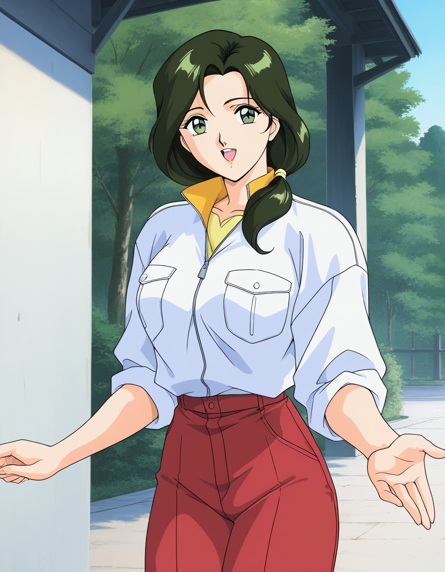 general,highres, ultra-detailed,very aesthetic,best quality ,best hands,  BREAK <lora:Sakurai_Sensei_IS:1>Sakurai_Sensei, 1girl,solo, dark green hair, long hair, green eyes, large breasts, low ponytail, lips,1990s (style), anime coloring, BREAK,
smile,looking at viewer, cowboy_Shot, open mouth, 
down arms,
white sleeve, red pants, long pants, closed jacket, button, 
outdoor, day,, general,highres, ultra-detailed,very aesthetic,best quality ,best hands,  BREAK