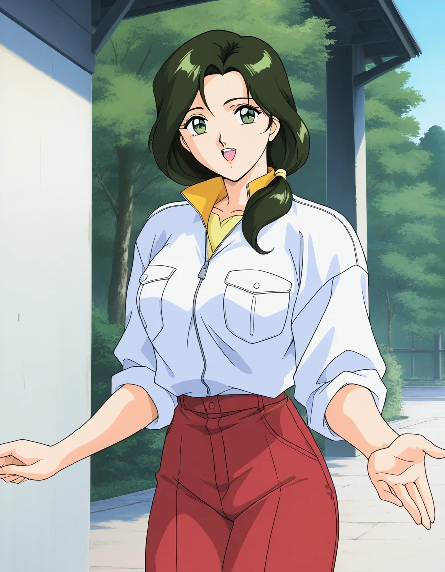 general,highres, ultra-detailed,very aesthetic,best quality ,best hands, BREAK <lora:Sakurai_Sensei_IS:1>Sakurai_Sensei, 1girl,solo, dark green hair, long hair, green eyes, large breasts, low ponytail, lips,1990s (style), anime coloring, BREAK,
smile,looking at viewer, cowboy_Shot, open mouth,
down arms,
white sleeve, red pants, long pants, closed jacket, button,
outdoor, day,, general,highres, ultra-detailed,very aesthetic,best quality ,best hands, BREAK