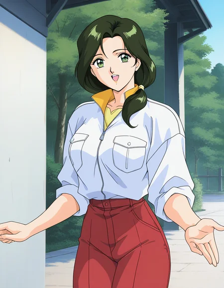 general,highres, ultra-detailed,very aesthetic,best quality ,best hands,  BREAK <lora:Sakurai_Sensei_IS:1>Sakurai_Sensei, 1girl,solo, dark green hair, long hair, green eyes, large breasts, low ponytail, lips,1990s (style), anime coloring, BREAK,
smile,looking at viewer, cowboy_Shot, open mouth, 
down arms,
white sleeve, red pants, long pants, closed jacket, button, 
outdoor, day,, general,highres, ultra-detailed,very aesthetic,best quality ,best hands,  BREAK