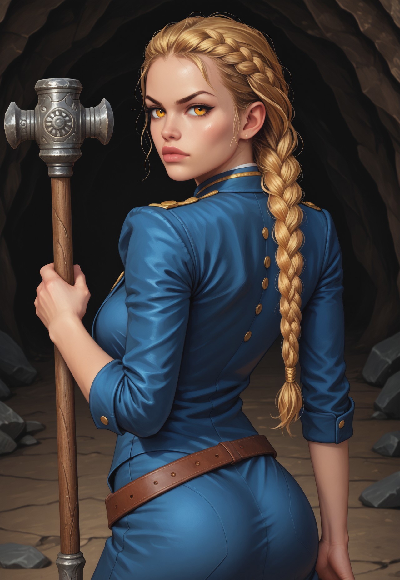 safe_pos, core_9, score_8_up, score_8, semi realistic, ultra detailed, 8k, high quality, hi res, high quality, detailed eyes, perfecteyes, detailed face, 1girl, sharp focus, cowboy-shot, focus on hip, (1girl:1.2), earth elemental, rocky form, (((stone hammer))), brown stone skin, long braided stone hair, realistic, cinematic angle, cinematic lighting, robust body, determined face, glowing amber eyes, powerful pose
BREAK
guarding an ancient underground cavern
BREAK
source_fantasy_art, rating_explicit, expressive, upper body, ((back view)), dynamic pose
BREAK
detailed beautiful background, rugged cave walls, glowing crystals, stalactites and stalagmites, dim torchlight, echoing silence, mystical underground atmosphere
(((full clothed)))