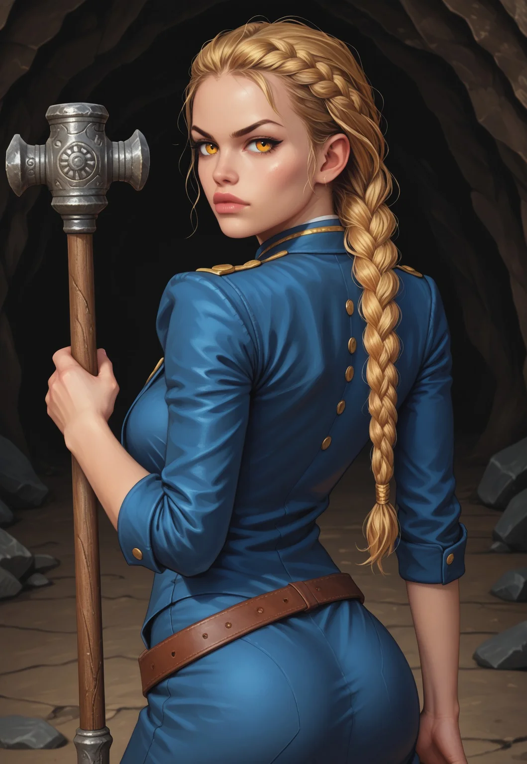 safe_pos, core_9, score_8_up, score_8, semi realistic, ultra detailed, 8k, high quality, hi res, high quality, detailed eyes, perfecteyes, detailed face, 1girl, sharp focus, cowboy-shot, focus on hip, (1girl:1.2), earth elemental, rocky form, (((stone hammer))), brown stone skin, long braided stone hair, realistic, cinematic angle, cinematic lighting, robust body, determined face, glowing amber eyes, powerful pose
BREAK
guarding an ancient underground cavern
BREAK
source_fantasy_art, rating_explicit, expressive, upper body, ((back view)), dynamic pose
BREAK
detailed beautiful background, rugged cave walls, glowing crystals, stalactites and stalagmites, dim torchlight, echoing silence, mystical underground atmosphere
(((full clothed)))