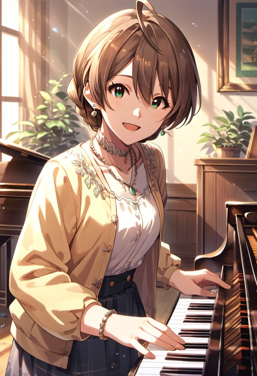score_9, score_8_up, score_7_up, source_anime, sakuramori kaori, green eyes, brown hair, ahoge, 1girl, jewelry, solo, earrings, necklace, looking at viewer, piano, instrument, smile, braid, open mouth, skirt