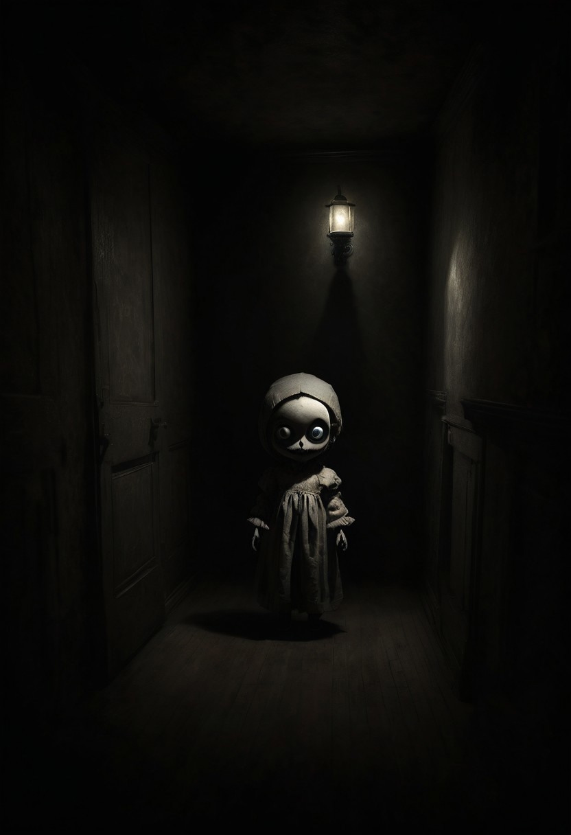 Night room. Creepypasta is a scary entity in the form of a cute, beautiful doll with very large eyes. A creepy look from the shadows. Rembrandt's style. (minimalism: 1), high detail, Greg Rutkowski.