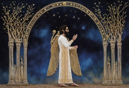 moon cycle arches above Cyrus the great in a long white dress, gold scrollwork, novuschroma style