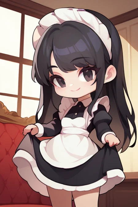 score_9, score_8, <lora:GTChibiXL1024V1-07:0.8>, 1girl, chibi, black hair, long hair, black eyes, smile, maid, maid dress, maid apron, maid headdress, skirt hold, indoors, livingroom, cowboy shot