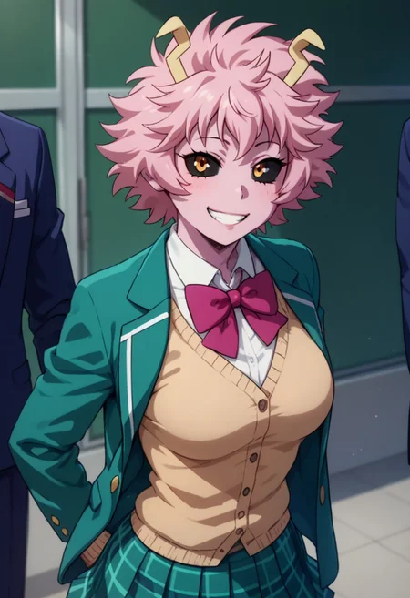 score_9, score_8_up, score_8_up, layering, 1girl, slimes_minaashido, smiling, love, solo, makeup above eyes, black lips, school uniform, blazer, cardigan, skirt, exposed, soft breast, slender body, ultra detailed, smooth skin texture, alluring curves, tasteful sensuality, softcore