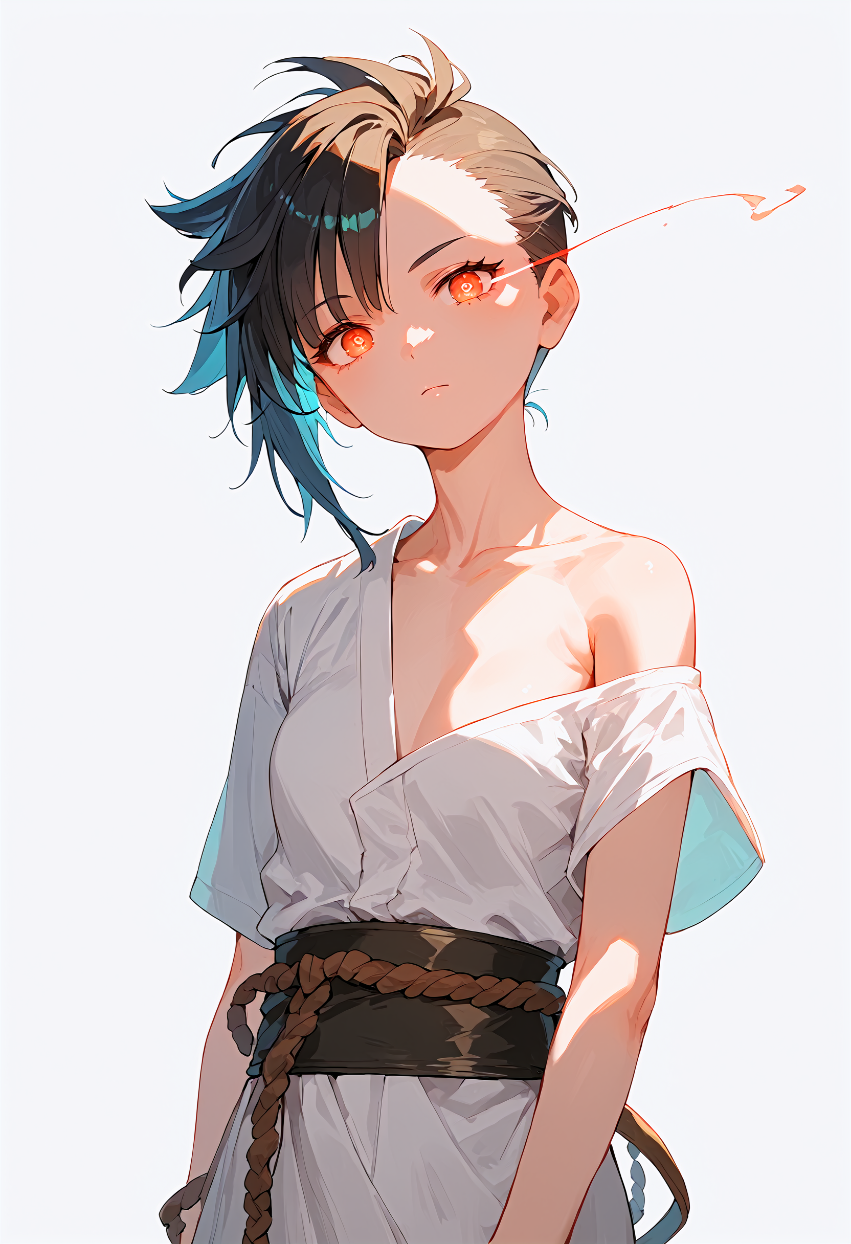 score_9,score_8_up,score_7_up,source_anime,1girl,solo,head tilt,asymmetrical hair,untied,looking at viewer,cowboy shot,simple background,
<lora:glowing eye trail_pony_bx-v1.10:1>,glowing eye trail,