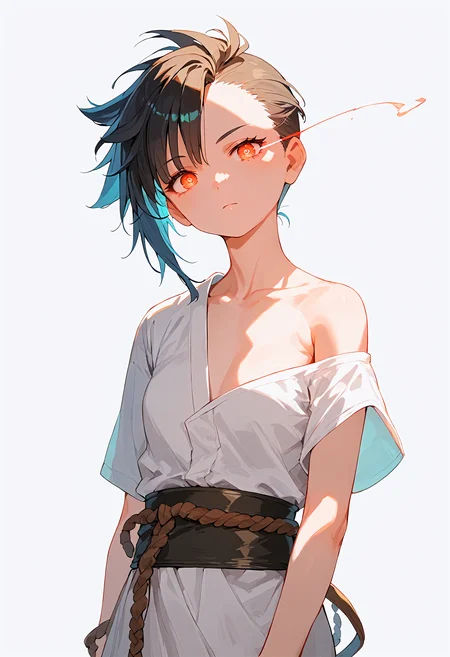 score_9,score_8_up,score_7_up,source_anime,1girl,solo,head tilt,asymmetrical hair,untied,looking at viewer,cowboy shot,simple background,
<lora:glowing eye trail_pony_bx-v1.10:1>,glowing eye trail,