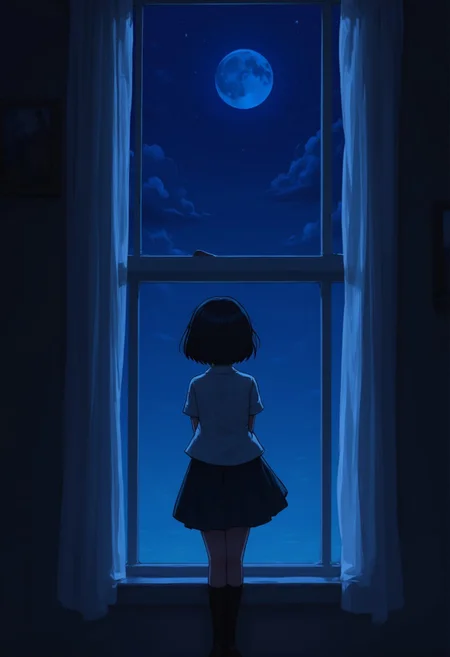 This is a digital illustration in a fantasy art style, featuring a girl with short black hair stands by a window at night, looking upward. The dark, blue-toned theme emphasizes the indoor, nighttime ambiance.
