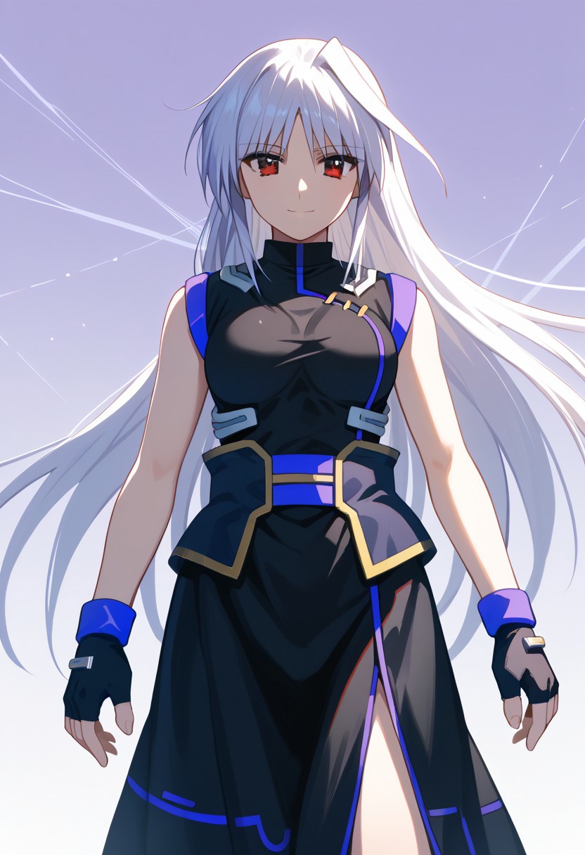 score_9, score_8_up, score_7_up, source_anime, 1girl, solo, Reinforce, long hair, white hair, single hair intake, red eye, long dress, black dress with purple trim, side slit, black gloves with purple trim, fingerless gloves, black corset with gold trim, sleeveless dress, bare shoulders, standing, smiling