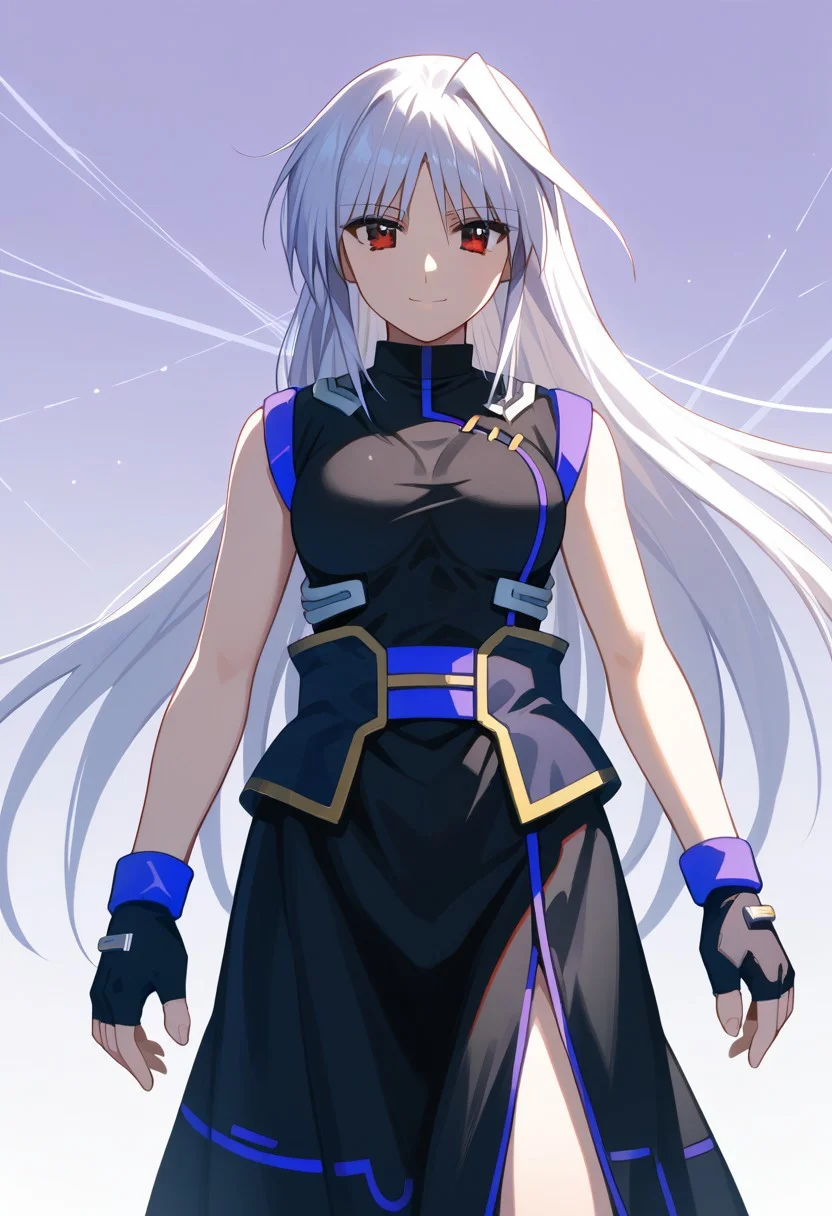 score_9, score_8_up, score_7_up, source_anime, 1girl, solo, Reinforce, long hair, white hair, single hair intake, red eye, long dress, black dress with purple trim, side slit, black gloves with purple trim, fingerless gloves, black corset with gold trim, sleeveless dress, bare shoulders, standing, smiling