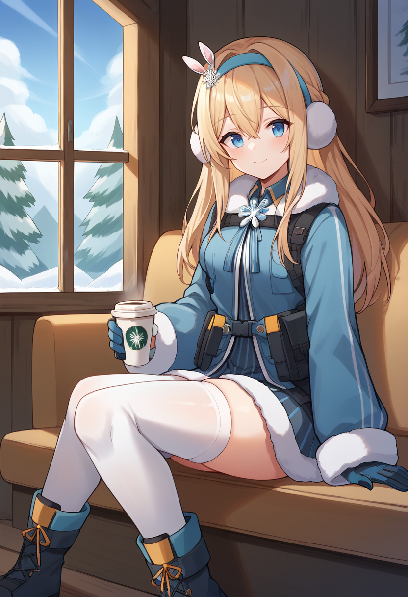 <lora:Suomi-05:1>, suomi, long hair, blue eyes, hairband, blonde hair, snowflake hair ornament, gloves, suomi (girls' frontline), fur trim, blue hairband, hair between eyes, jacket, white thighhighs, boots, long sleeves, smile, indoor, holding, coffe, cup, coffee cup, cabin, couch, sitting, window, forest outside, snow outside,, score_9, score_8_up, score_7_up, source_anime,