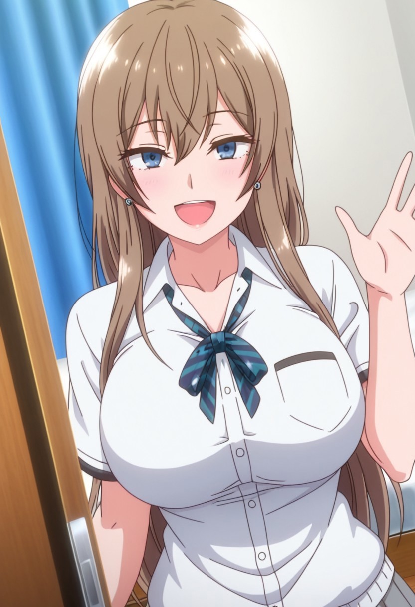 general,highres, ultra-detailed,very aesthetic,best quality ,best hands,best eyes,easynegative,
dynamic anglre, dutch angle, anime cloring,anime screencap,
1girl solo,looking at viewer,bedroom, smile, open mouth, waving hand, 
Chiaki,ochre_hair, long_hair, blue_eyes, huge_breasts, earrings,school uniform,