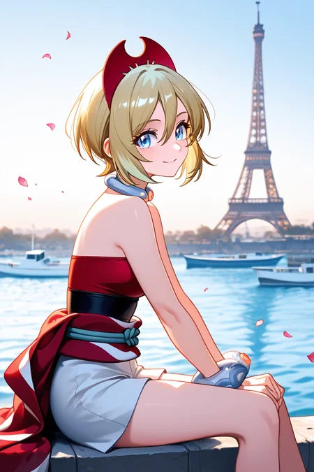 masterpiece, best quality, 1girl, solo, 21 year old model, eyelashes, (beautiful eyes), ,,,zzIrida, blonde hair, blue eyes, short hair, bangs, hair between eyes, red hairband, bracelet, neck ring, red shirt, sash, solo, strapless shirt, white shorts, waist cape, <lora:IridaPokemonIXL:1.0>, ,,, zzEiffelTower in background, sitting, watercraft, boat, sitting on wall, side view, looking at viewer, smile,,, blooming stars, luminescent petals, otherworldly fragrance blurry background, <lora:EiffelTowerIXL_v2:1.0>,