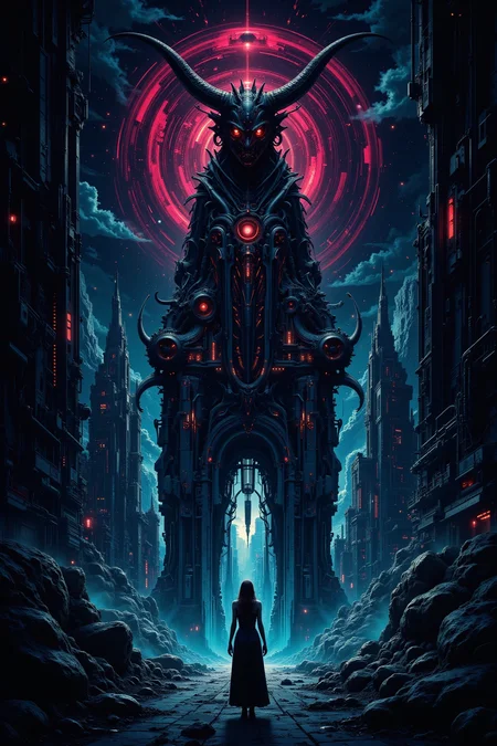 demonic city,beautiful misterious futuristic sci-fi cyberpunk landscape, bright luminous night, woman, very intricate, very detailed, sharp, colorful, <lora:Hand v2:0.5> <lora:Anti-Blur:1><lora:Insane Detail Slider:0.25> <lora:flux.1_lora_flyway_Epic-detail_v2:0.3> <lora:fluxenhancer:0.25><lora:The_Dark_Side_Of_The_Future:0.4><lora:Neurocore Anime Cyberpunk v2.0:0.5> A digital artwork in the style of cknc