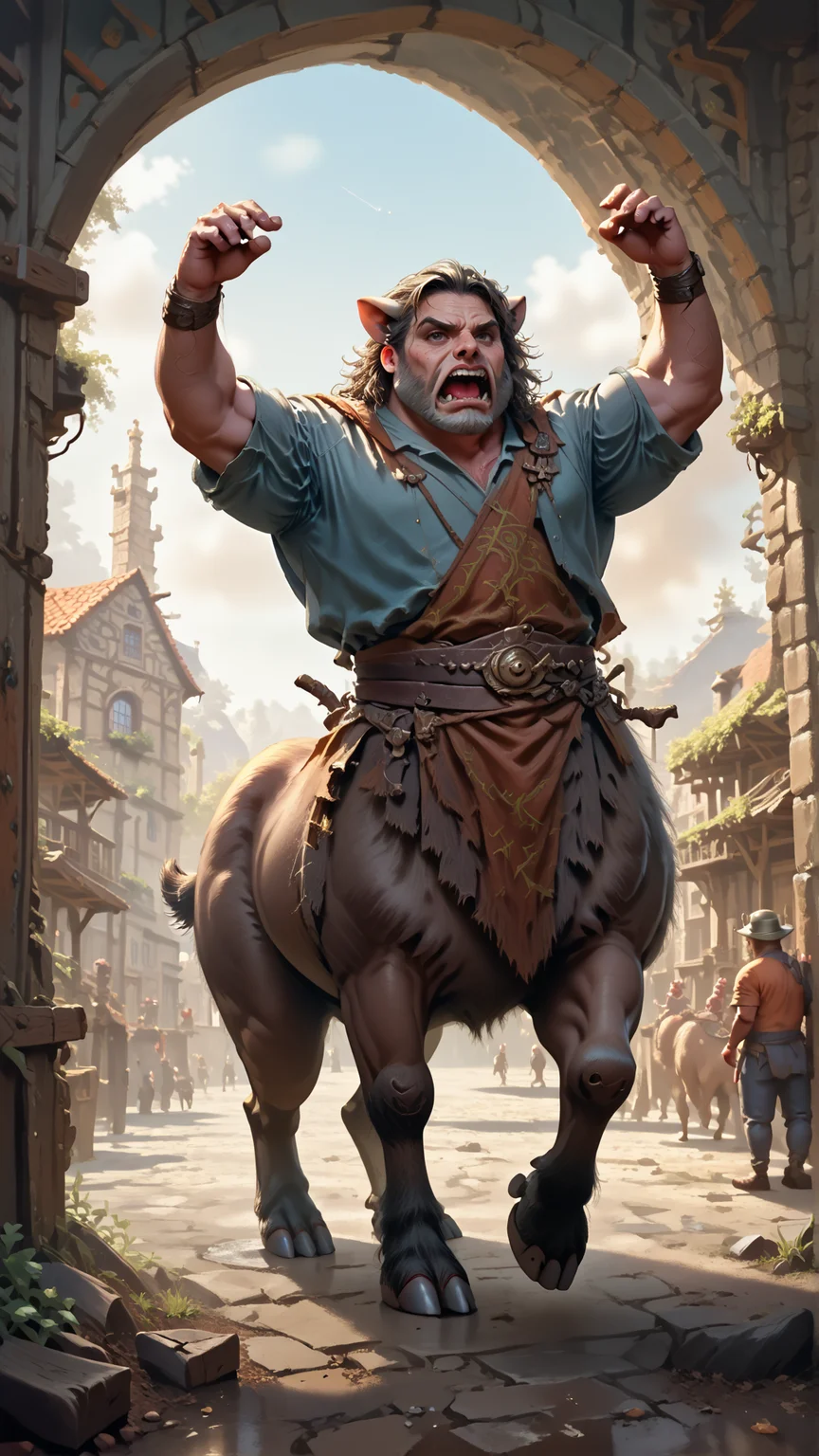 score_9, score_8_up, score_7_up, score_6_up, <lora:CentaurPDXL:1> centaur, boar centaur, Gideon Grey (from "Zootopia"), Cyber samurai, (angry:0.3), in location: mythical garden, full body, Arms Outstretched Above Head