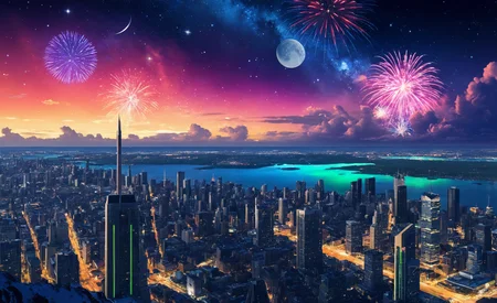 anime artwork <lora:Aurora-1:1>,aurora-1,space,aurora,night,night sky,sky,star \(sky\),starry \(sky\),shooting star,galaxy,milky way,city lights,moon,fireworks,city,planet,light particles,cityscape,cloud,snowing,skyline,skyscarper,constellation,scenery,, masterpiece, best quality, prompt . . anime style, key visual, vibrant, studio anime, highly detailed