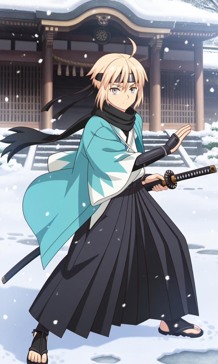 best quality, amazing quality, masterpiece, high res, high quality,(8k), intricate details, detailed, perfect anatomy, smooth lines, clean lineart, vibrant colors, soft shading, anime style, snowing,
MOkitaSouji, kimono, solo, ahoge, haori, blonde hair, black scarf, katana, short hair, shinsengumi, black hakama, male focus, 1boy, white kimono, wide sleeves, fighting stance, headband, sheath, full body, gray eyes, detailed eyes,