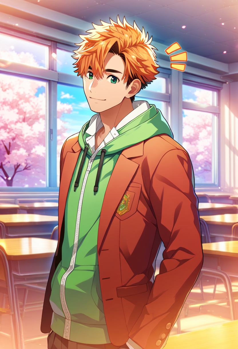 1boy, male focus, 
,((zPDXL)), score_9_up, score_8_up, score_7_up, score_6_up, score_5_up, score_4_up, best quality, amazing quality, best aesthetic, absurdres, year2023, uncensored, nsfw, game cg, official art, official style, depth of field, detailed eye,
 <lora:Character - StaOke - Takuto Akabane:0.8> green eyes, orange hair, takuto
indoors, window,  cowboy shot, 
classroom, standing, notice lines, noticing viewer, smile,  cherry blossoms, 
takutoschool, red blazer, green hoodie, hood,