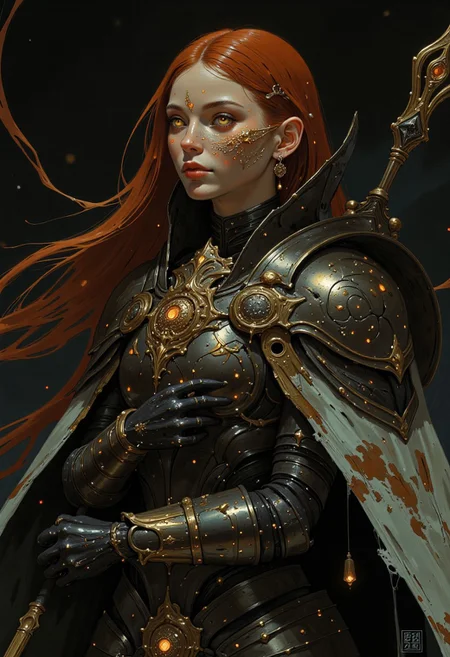 Portrait of a woman in titanium armour, marble painting cloak, gold decoration, ginger hair,