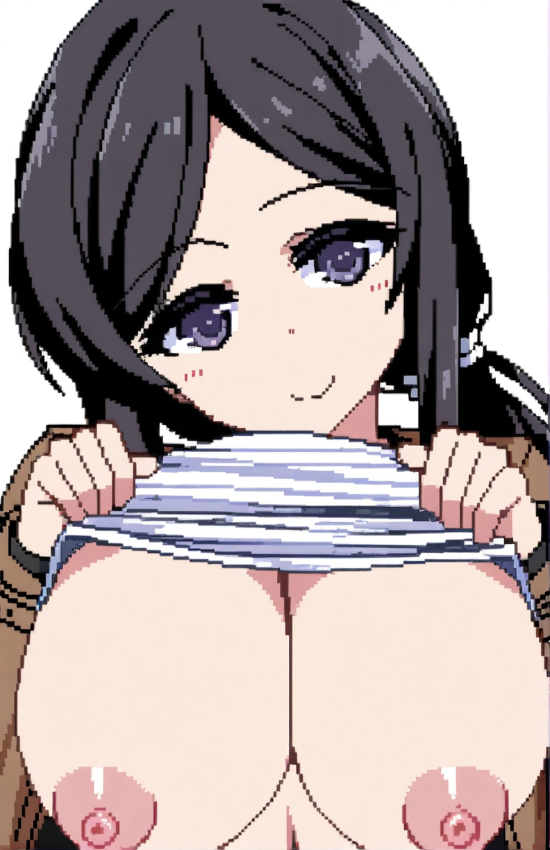 character: Kanae (å¶ç»), character: Kanae (å¶ç») clothes1, pixel art, 1girl, solo, mature female, simple background, white background, looking at viewer, smile, lifted by self, long hair, black hair, black eyes, low ponytail, brown jacket, large breasts, nipples, open jacket, shirt lift, navel, white striped shirt, long sleeves, blue jeans<lora:summer memories v8.3 (å¤æè£æ­£ååå¾ç¿»è½¬)-000005:1>