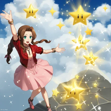 score_9, score_8_up, score_7_up, score_6_up, score_5_up, score_4_up, zPDXL2,source_anime,rating_questionable,  <lora:SuperStar:0.8> sup3rst4r, star (symbol), sparkle, arm up, open hand, high angle, aerith gainsborough, smile, blue sky, clouds