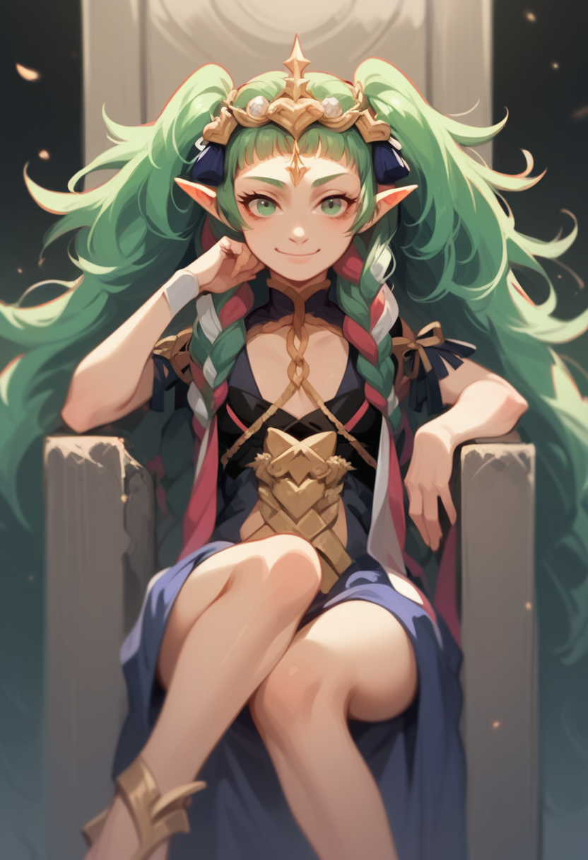 score_9,score_8_up,score_7_up, 1girl, solo, Sothis, pointy ears, green eyes, green hair, flowing green hair, twin braids, twintails, two braids, crown, 2d, throne, smile, simple background
